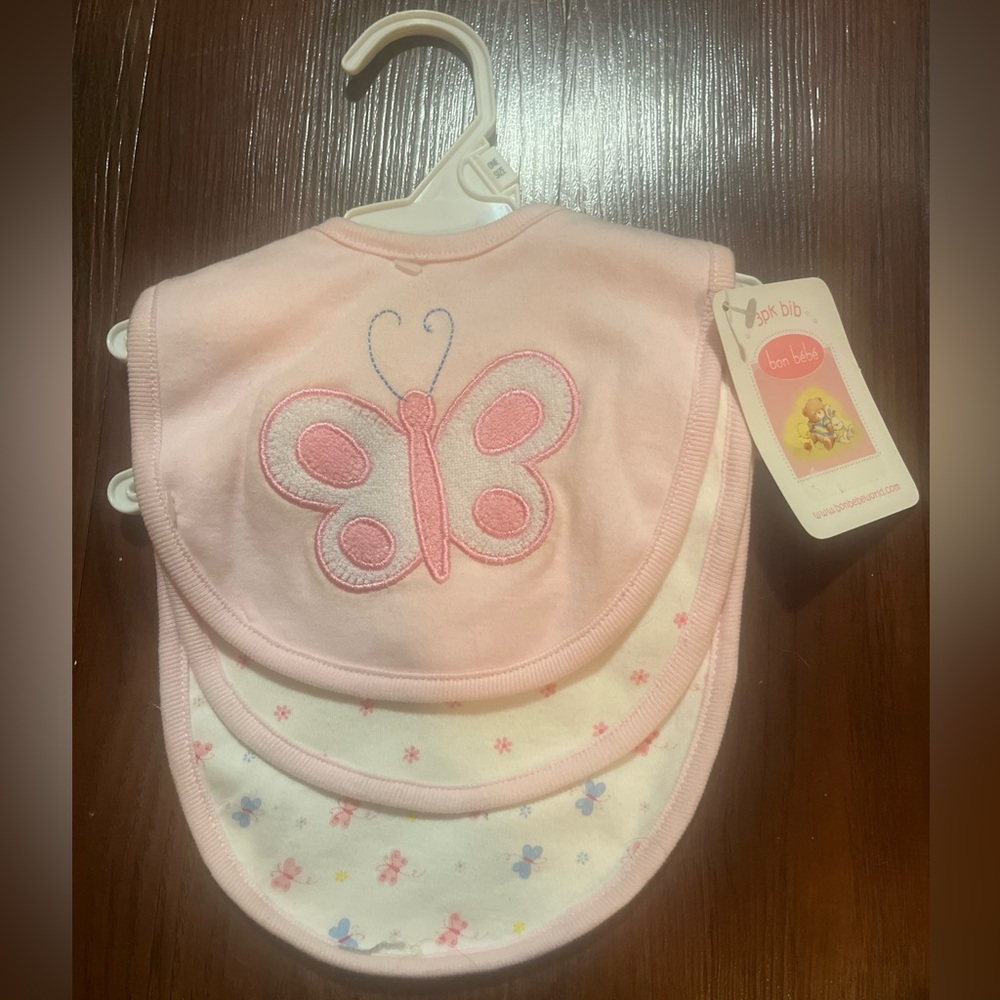 Bon Bebe Pink Butterfly Baby Bib Set One Size Cotton Blend